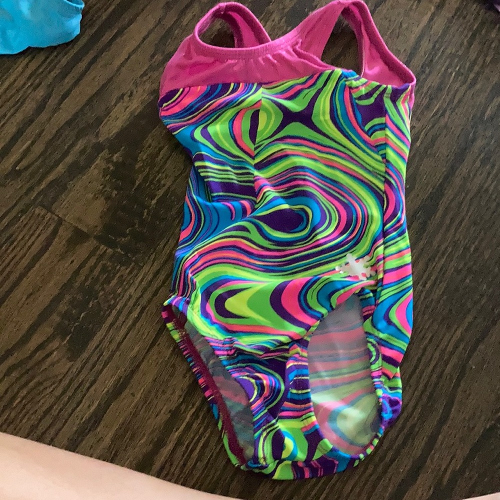Rainbow twist leotard with pink sparkly straps